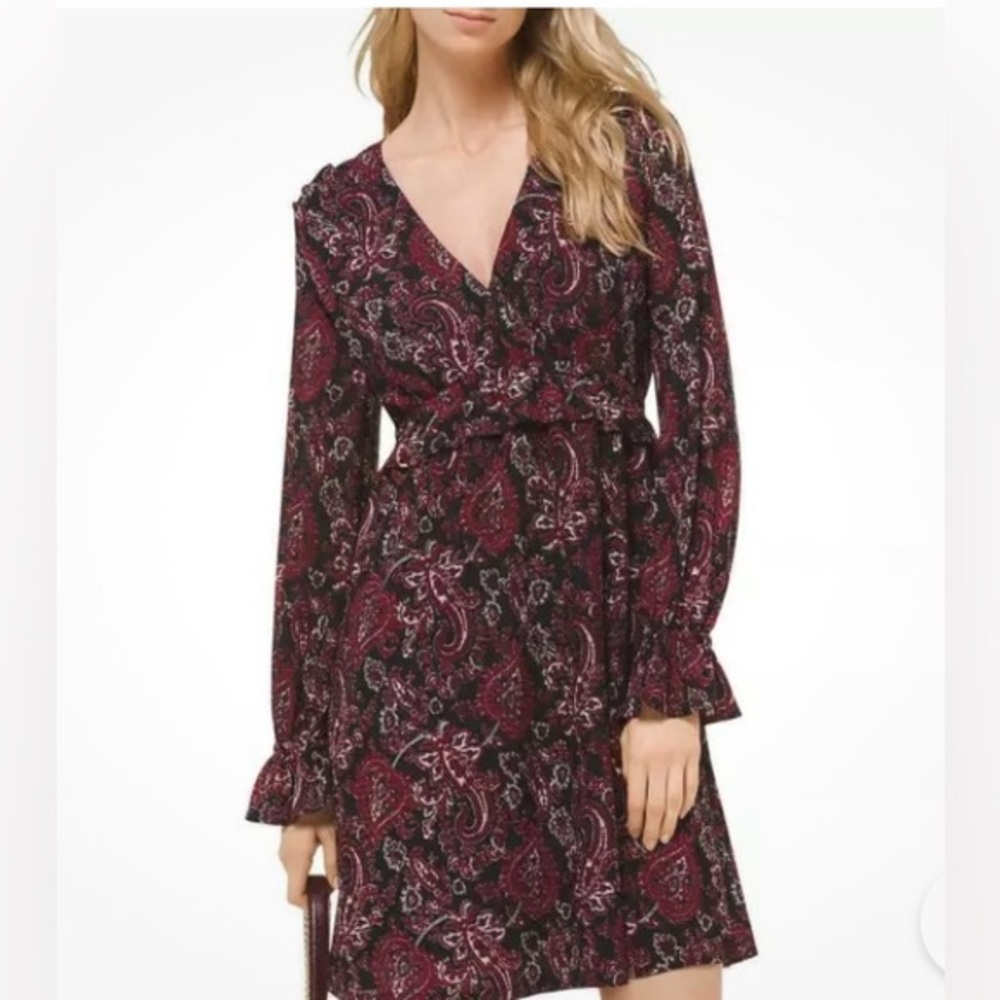 Michael KORS/
 Short V-Neck Long-Sleeve Fall Paisley Dress Maroon/ XS ✨Host Pick